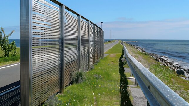 detailed shot of a modern windbreak fence along a coastal road, made from perforated aluminum siding to withstand salty winds
