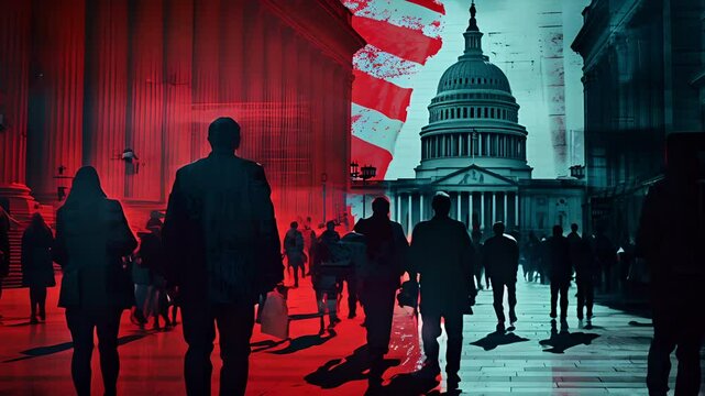 Graphic illustration of shadow govenrment people in silhouette walking in front of the US capitol building with American flag graphics.