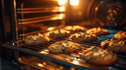 A close up view of freshly baked cookies on a wire rack inside an oven