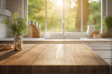Fototapeta premium Kitchen background top counter interior wood blur home wooden empty room light white. Top kitchen product background desk modern window food display design texture tabletop restaurant board wall space