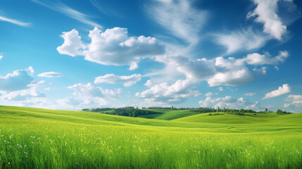 Obraz premium Green Hills Meadows Under Blue Sky White Clouds Panorama Banner