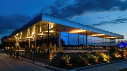 Obraz premium grand pavilion with reflective aluminum siding hosting a night-time light show