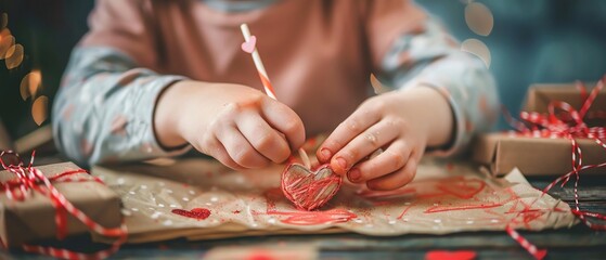 Closeup of a childs hands carefully crafting a homemade gift for their parent