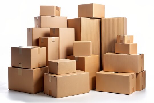 Assorted cardboard boxes of varying sizes stacked vertically against a plain white background, showcasing different packaging options for e-commerce and shipping needs.