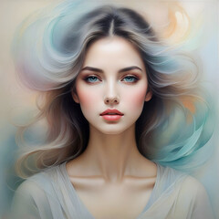 Fototapeta premium portrait of a woman, abstract, ethereal, d soft pastel colors, expressive brush strokes, contemporary, surreal, detailed, harmonious blend, painting of a woman, pencil sketches