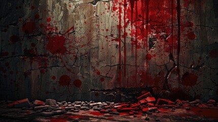 Bloody background scary on damaged grungy crack and broken concrete bricks wall and floor, concept of horror and Halloween