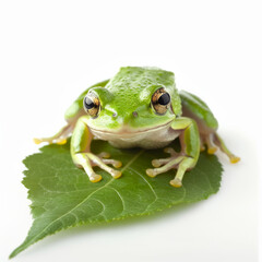 Obraz premium A tiny frog with bright green skin and big eyes, sitting on a leaf, isolated on white background