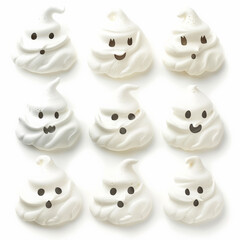 A selection of ghost-themed meringue cookies, isolated on white background