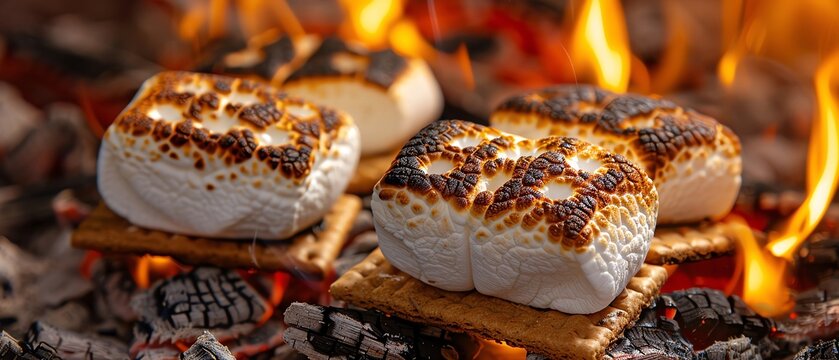 Closeup of golden marshmallows roasting to perfection over glowing embers