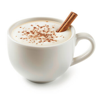 A cup of vanilla latte with frothy milk and a sprinkle of cinnamon, isolated on white background