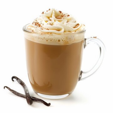 A mug of hot vanilla chai latte with whipped cream and a vanilla bean, isolated on white background