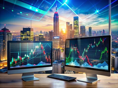 "Detailed graphs and charts on computer screens display risk management strategies, including position sizing and stop-loss orders, amidst a cityscape backdrop, representing capital protection."
