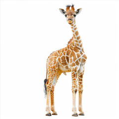 Obraz premium A cute baby giraffe with big eyes and long legs, standing and looking curious, isolated on white background