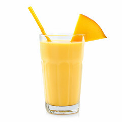 A glass of mango lassi with a slice of mango and a straw, isolated on white background