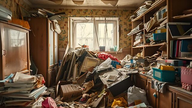 Pushing towards a room stacked with clutter in a hoarded house in America with light streaming in through a window.