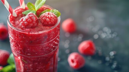 Close up of raspberry smoothie glass decorated with fresh raspberries and mint berries, copy space, summer delight cold drink.