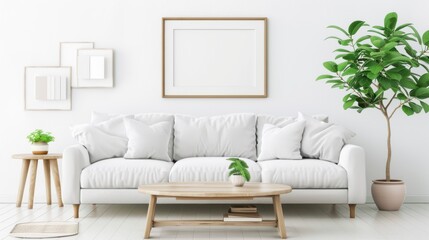 Minimalist white living room with soft blue accents, featuring a comfortable sofa, a glowing table lamp, and modern decor, creating a serene atmosphere.