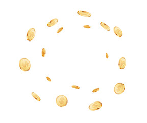 Gold coins explosion on white background