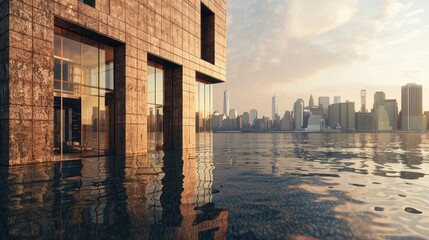 luxury residential tower with a facade of polished granite bricks, reflecting the city skyline and blending seamlessly with its urban environment