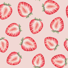 Strawberry slice seamless pattern on the pale pink background. Hand painted watercolor food illustration with summer berries for product design, fabric and paper. © NadyaSaen 