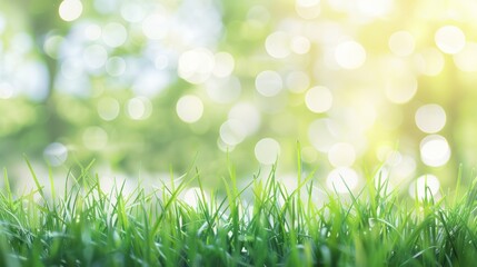 A bright, sunlit meadow with a bokeh effect, featuring dewy grass blades and warm golden sunlight, creating a serene and fresh atmosphere.