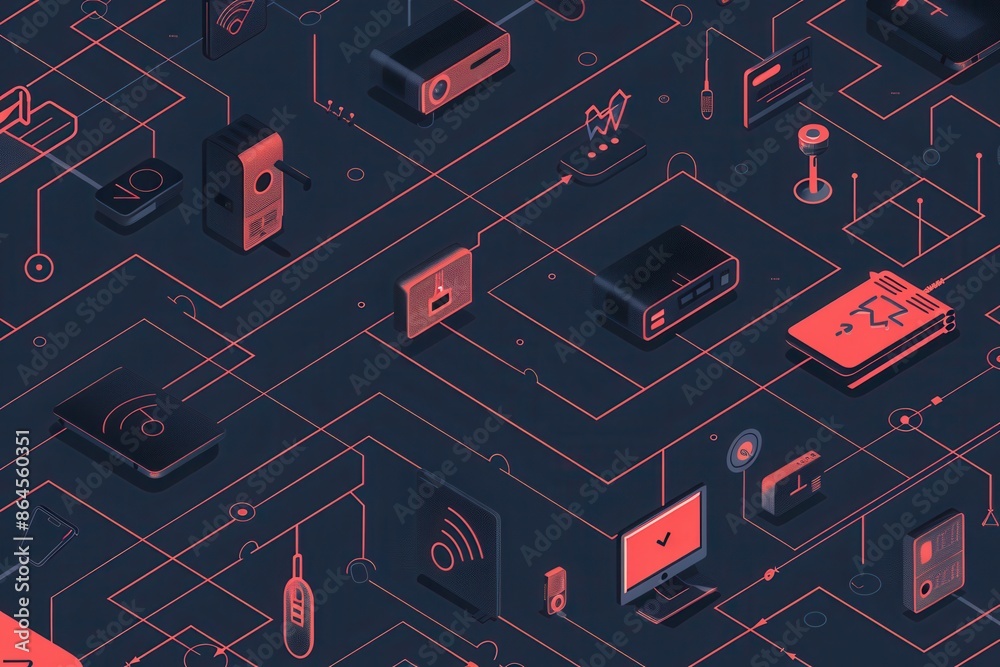 Poster an abstract illustration of various network devices connected by lines symbolizing data flow. genera