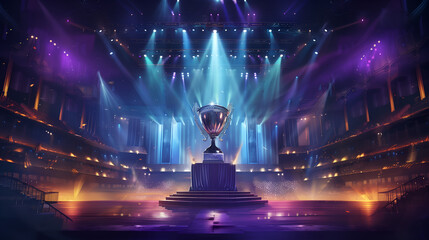 Grand Trophy on Stage with Dramatic Lighting and Colorful Spotlights