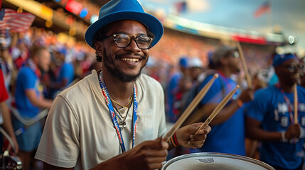 An afroamerican man holding a drum cheering at a soccer game in a stadium.