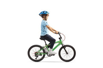 Kid with a helmet riding a bicycle