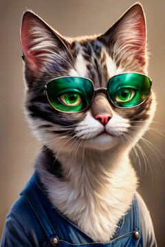 gato antropom&oacute;rfico con overol de mezclilla y lentes