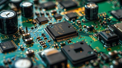 Close-up of green circuit board with microchips, processors, resistors and capacitors. Concept of technology, electronics, engineering, and innovation.
