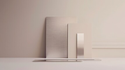 minimalist still life composition featuring an arrangement of aluminum siding samples on a neutral background