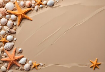 Obraz premium Starfish and shells framing over a sand beach background, free space in the middle