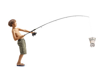Obraz premium Boy catching money with a fishing rod