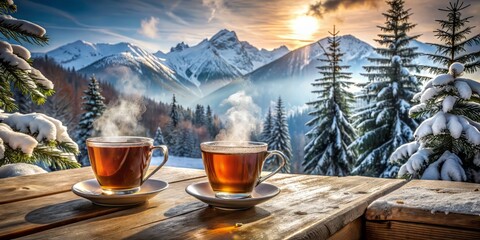 Serene winter wonderland scene featuring two steaming cups of hot tea on a rustic wooden table, surrounded by snow-covered mountains and evergreen trees.