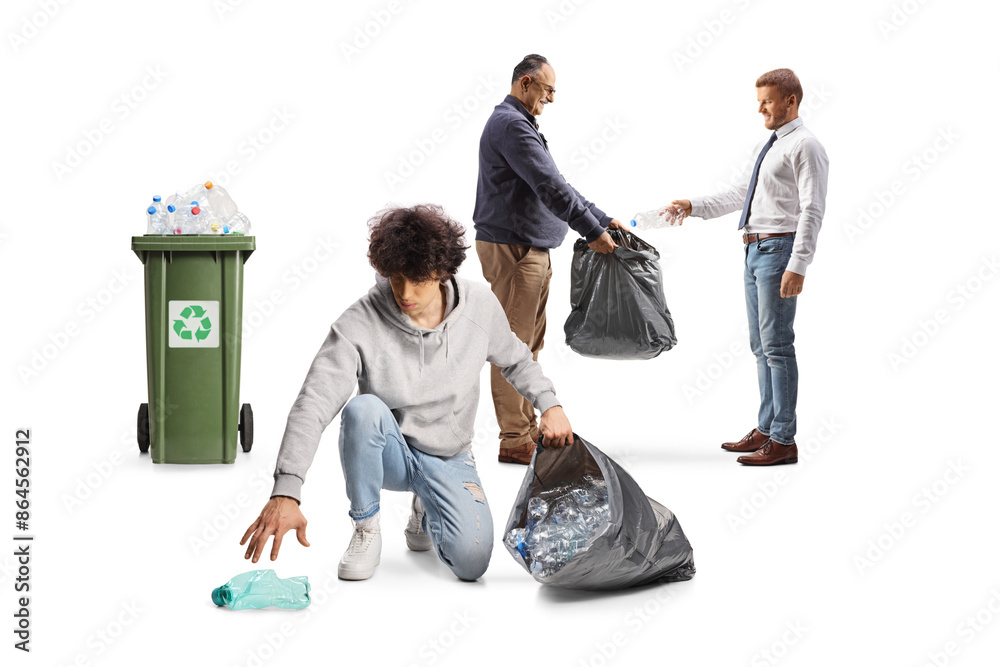 Sticker Group of men cleaning and collecting plastic bottles