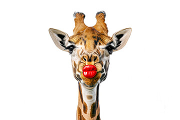 Giraffe with red lipstick puckering up for a kiss.