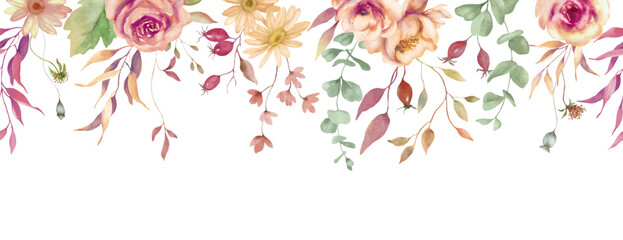 Seamless watercolor  border. Hand drawn floral illustration isolated on white background. Vector EPS.