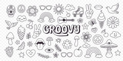 Vector Vintage Black and White Groovy Icons, Design Elements for Poster, Sticker Design. Retro Symbol in Hippie 70s Style, Mushroom, Flowers, Eye, Anti-War Peace Symbols. Vector Illustration
