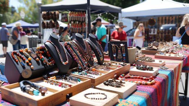 Artisan vendors showcase handmade crafts and unique jewelry at a bustling weekend street fair.
