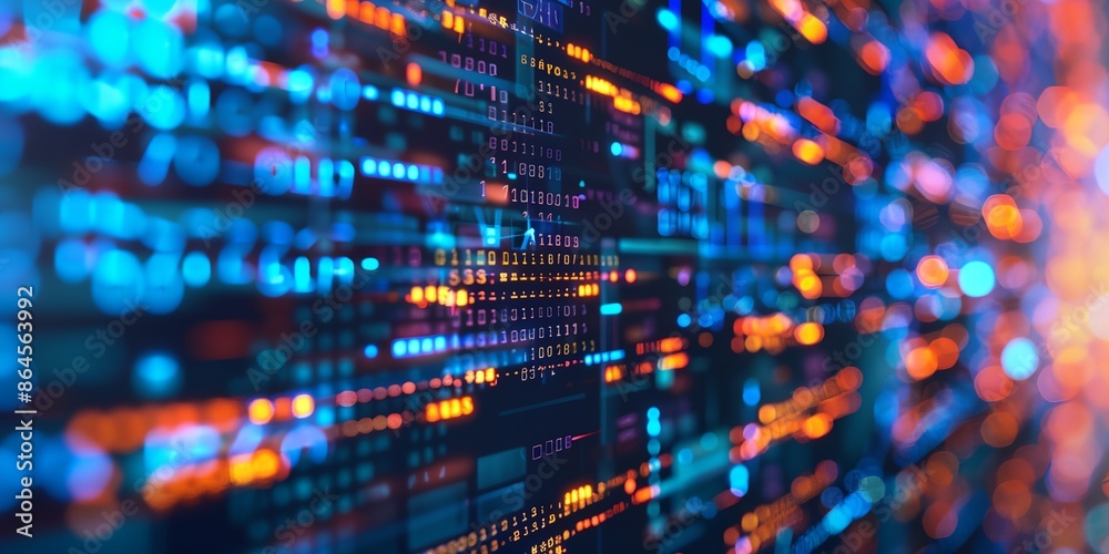 Poster a computer screen with a lot of numbers and colors. the image is abstract and has a futuristic feel 
