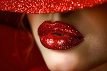 Fototapeta premium A woman with red lips and a red hat. The lips are covered in glitter