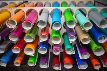 Rolls of vinyl film in production.The material for pasting.Multicolored vinyl.Color selection in the store.