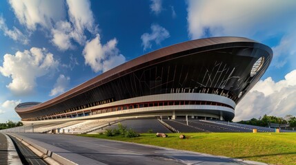 panoramic shot of a sports stadium with an innovative roof design made from lightweight aluminum siding