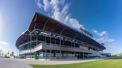 Fototapeta premium panoramic shot of a sports stadium with an innovative roof design made from lightweight aluminum siding