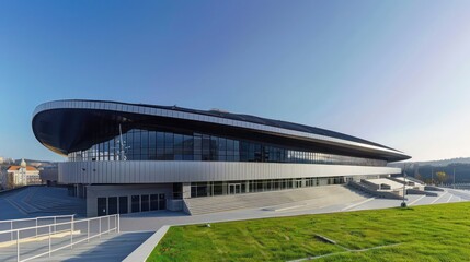 Naklejka premium panoramic shot of a sports stadium with an innovative roof design made from lightweight aluminum siding