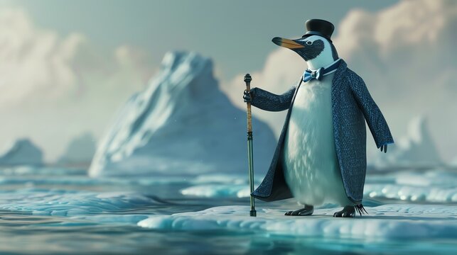 A Penguin Wearing A Top Hat And Monocle Stands On An Ice Floe In The Middle Of The Ocean.