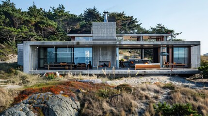 Obraz premium panoramic view of a modernist beach house, its smooth aluminum siding contrasting with the rough natural surroundings