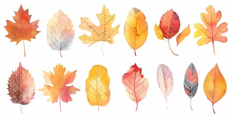 Obraz premium A set of watercolor leaves with a variety of shapes and sizes. The leaves are all different colors, including red, yellow, and brown. Concept of autumn and the beauty of nature during this season