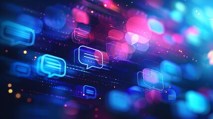 Digital communication and online chat concept, stream of message icons flowing on abstract background. Technology of internet, social network and global connection.